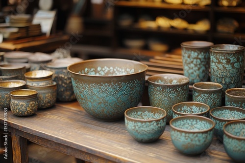 Handcrafted ceramic bowls and cups neatly displayed on wooden table in artisan market