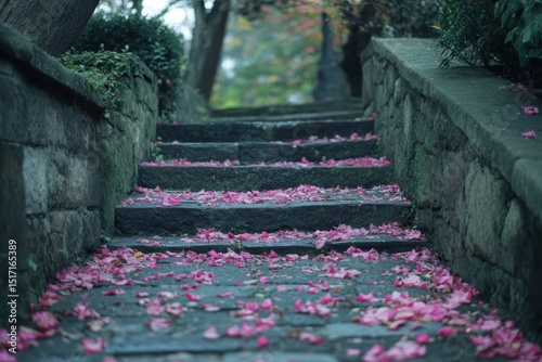 Stone staircase covered in pink petals leading through a quiet garden passage