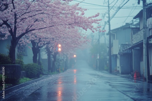Rainy street with cherry blossom trees and soft light reflecting on the wet pavement