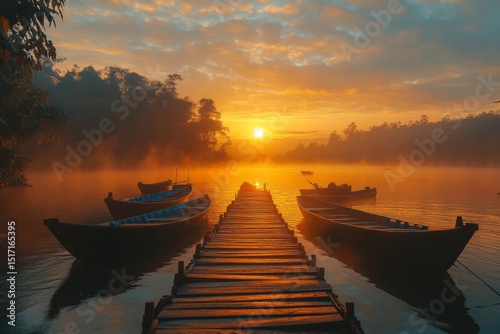 Wooden pier leading to boats under colorful sky during sunrise on lake