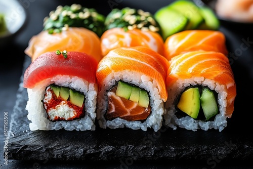 Colorful sushi assortment on black slate plate with various toppings