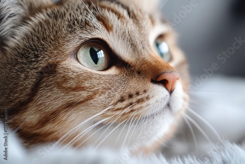 Closeup of curious tabby cat gazing through window in soft natural light