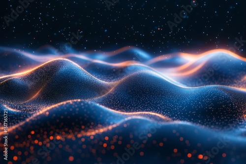 Abstract glowing digital waves in dark blue background with red accents