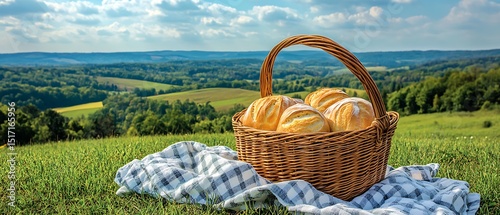 field view with hand-carried basket holding Amish white bread nestled among linens picnic setup under blue sky vibrant summer color tones