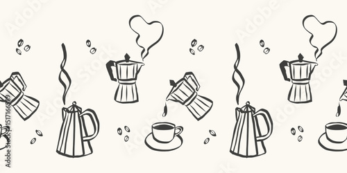 Coffee seamless pattern in doodle style. Retro whimsical symbols for cafeteria menu and business breakfast invitation. Trendy and cute art for social media. La dolce vita vector illustration