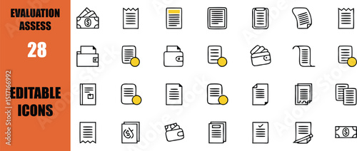 Collection of evaluation assess editable icons featuring money wallet and document symbols for design projects