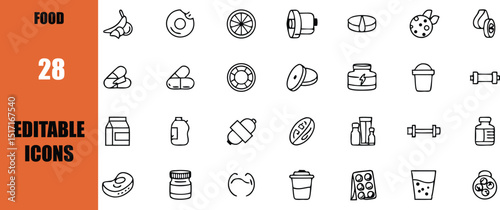Food and nutrition icons set vector editable line drawing of healthy eating diet and wellness elements collection