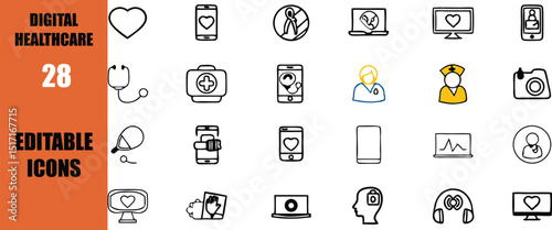 Digital healthcare technology editable icons set for medical and telemedicine applications use cases