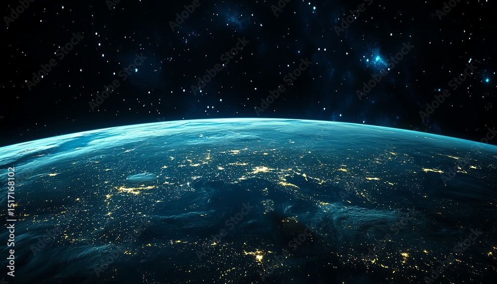 Fototapeta premium Stunning view of Earth from space at night, showing city lights and starlit background.