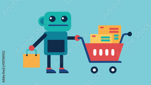 Cart Assistant A small robot pushing a shopping cart filled with items and colorful sale tags while the customer checks off items on a shopping list.