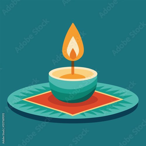 Lit Tealight Candle on Teal Woven Rug vector,