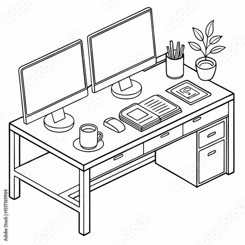 Isometric view of a desk with dual monitors and various office supplies drawn