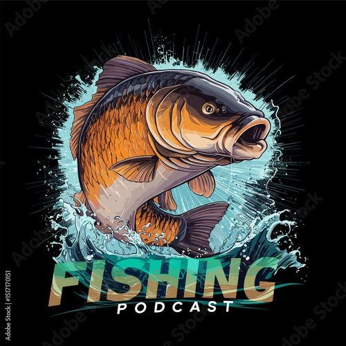 Fishing podcast, goldfish jumping design illustration