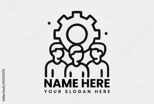 Illustrative line icon of a group of people positioned under a large gear, symbolizing a technical working group. Teamwork concept