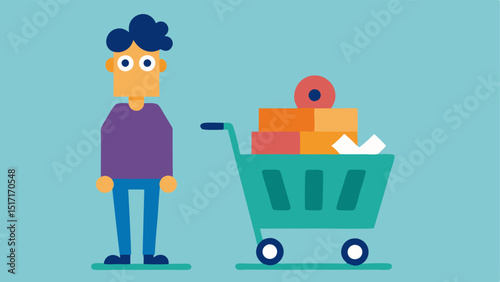 Cart Overflow An individual stands next to an overflowing shopping cart full of various items looking at the cart with wide eyes and a raised eyebrow as if questioning their