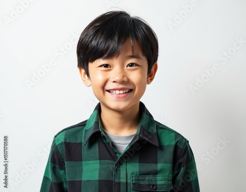 Studio portrait of smiling Asian boy with dark hair. Cute child wears green black checkered shirt. Happy young person with positive emotions on plain white background. Child smiling showing teeth.