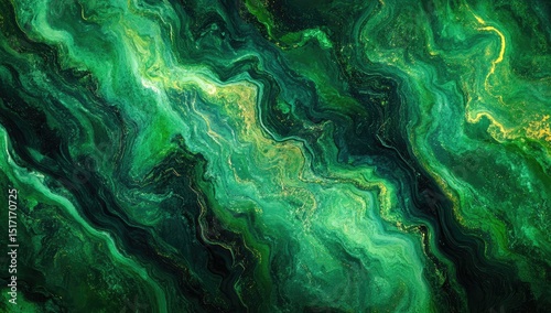 Abstract swirling marbled pattern of deep green and gold
