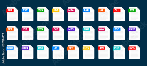 File Type icon set. Popular files format and document. Format and extension of documents. Set of graphic templates audio, video, image, system, archive, code and document file. Vector illustration.