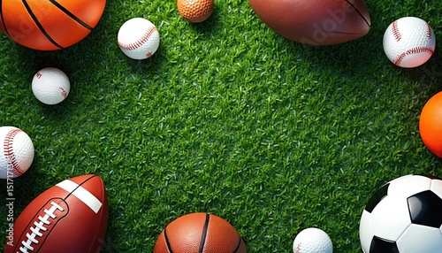 Flat lay sports balls on green grass. Basketball baseball golf ball soccer ball football rugby ball. Different sport equipment for play game. Top view  copy space for text. Healthy lifestyle.