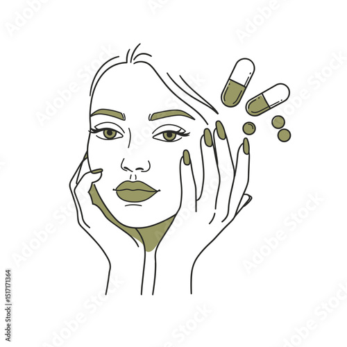 Beauty Supplement Icon with Woman Face & Nails, Hand Drawn Sketch Style, Hair & Nails Support Concept, For Dietary Supplements, Cosmetic Products