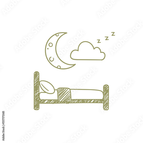 Healthy Sleep Bed Moon Icon, ZZZ Symbol, Hand Drawn Sketch Style, Restful Night Concept, For Sleep Aids, Health Supplements, Wellness Products 