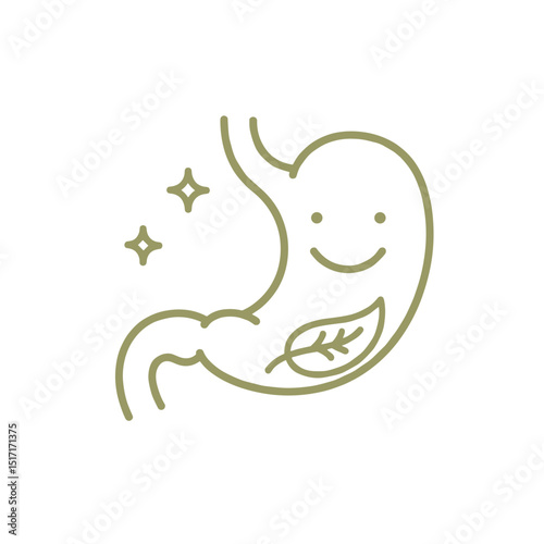 Happy stomach with leaf symbolizing improved digestion and health  