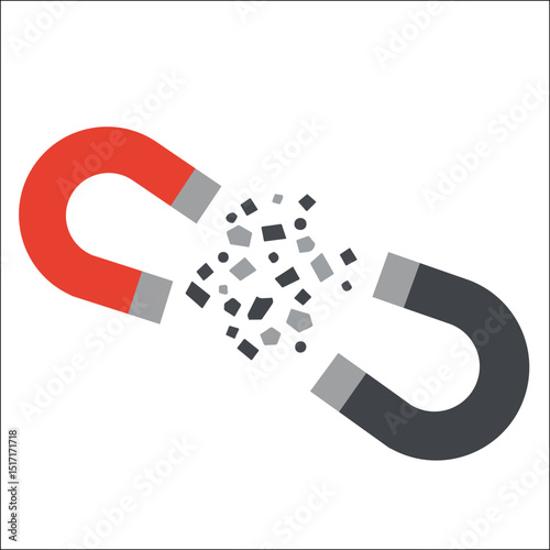 Two red and gray magnets repelling each other with metal particles breaking apart – concept of magnetic repulsion, resistance force, or scientific energy experiment in flat vector style.

