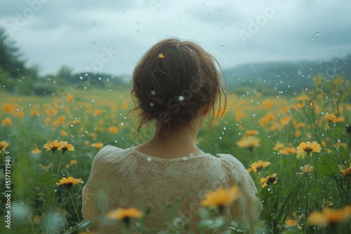 Young girl standing in flower field facing away in misty light