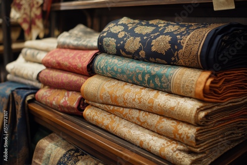 Stack of folded decorative fabrics in various colors and textures on wooden surface