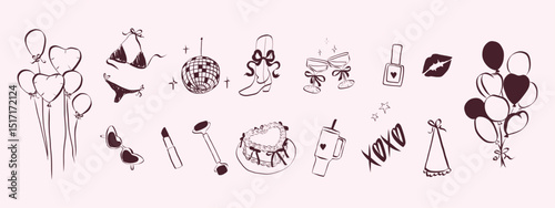 Birthday party set in hand drawn coquette style. Outline whimsical symbols for girls bachelorette. Trendy art for invitation and banner for holidays. Doodle vector illustration