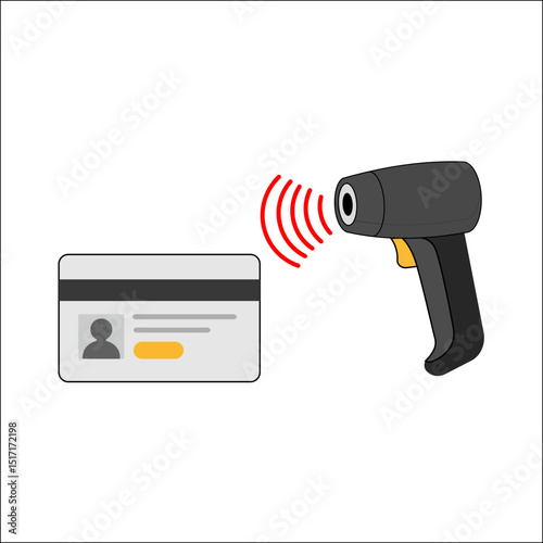 Handheld barcode scanner verifying ID card with red signal beam – identity check, access control, and security verification concept on white background, modern vector flat icon.


