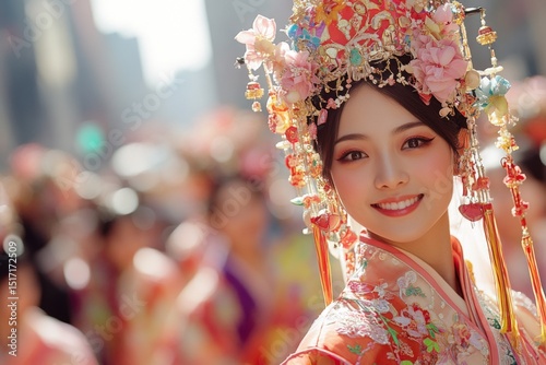 Smiling woman in colorful traditional dress with flower headpiece