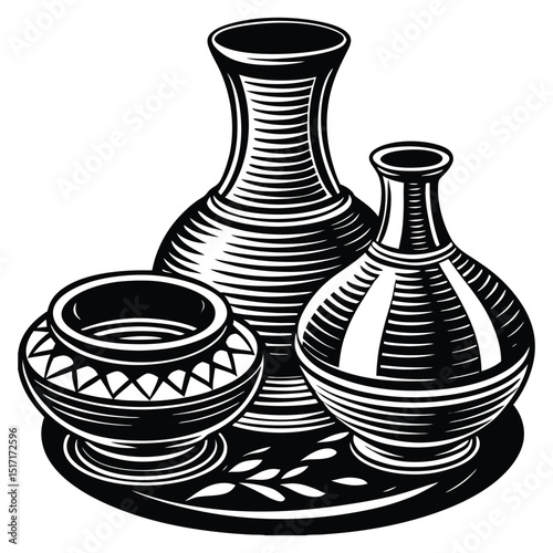 Traditional pottery artistry engraved potters wheel and wet clay vessels vector ,