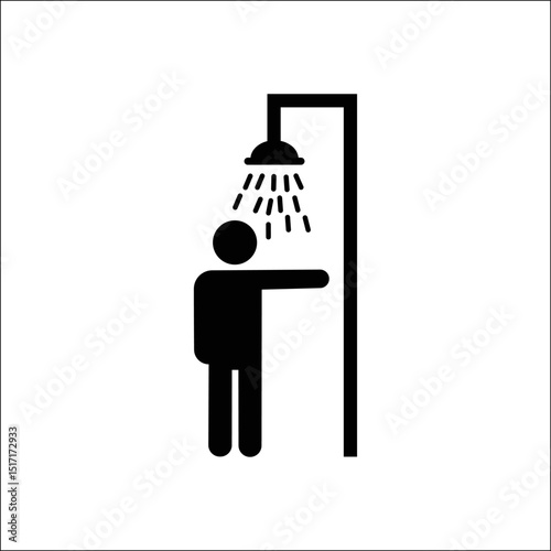 Emergency shower icon with black silhouette figure and water stream on transparent background, representing safety wash station, decontamination, and lab emergency response protocols.