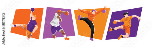 Set of male handball players in various moves. Cartoon flat vector illustration.