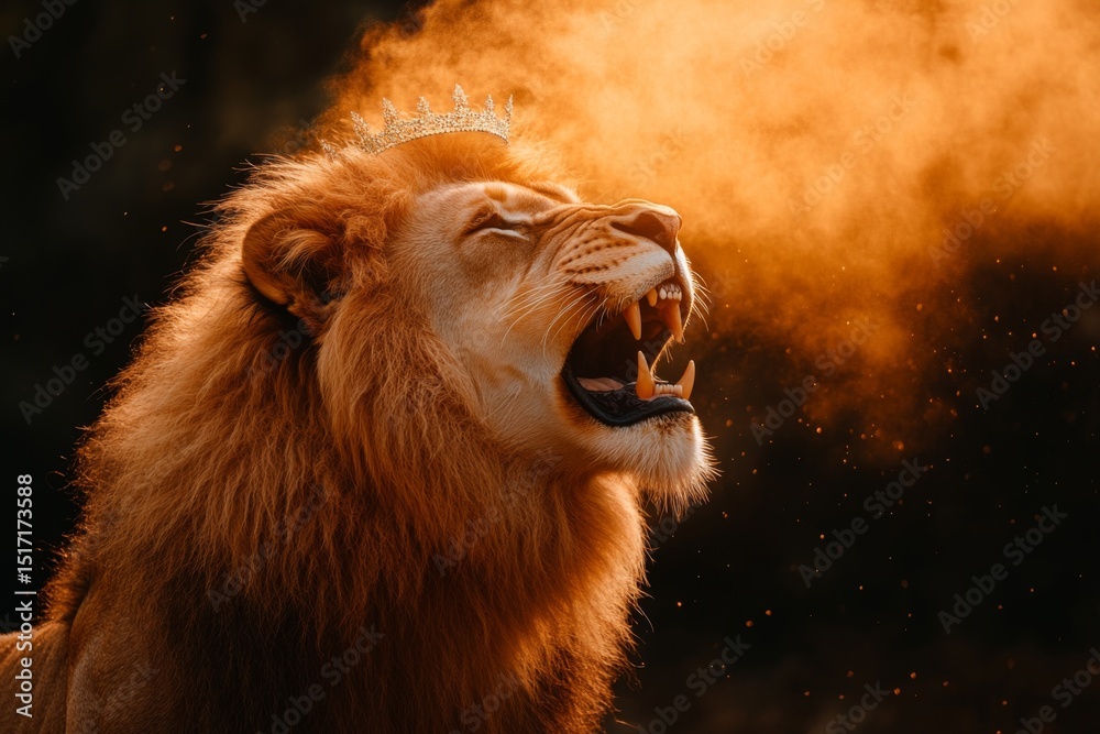 Naklejka premium Angry lion roaring with open mouth and steam in dramatic backlight