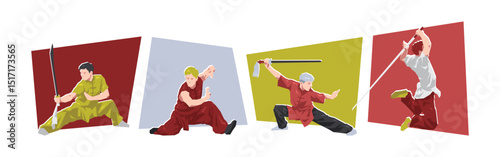 Set of male wushu athlete, fighter in action, dynamic pose. Sport, martial arts. Cartoon flat vector illustration.