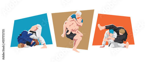 Set of male jujutsu, brazilian jiujitsu athlete, player in combat pose. Sport, martial arts. Cartoon flat vector illustration.