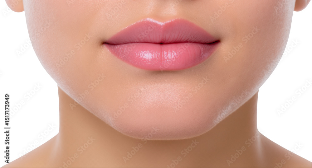 Obraz premium Close Up of Plump Lips with Pink Glossy Lipstick Transparent Background Isolated Skin Beauty