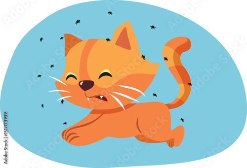 Cat with Fleas Needs Urgent Care Vector Concept Illustration. Unhappy domestic animal feeling uncomfortable because of parasites