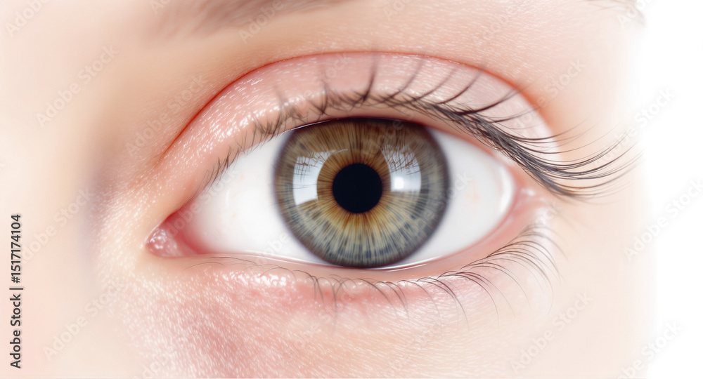Fototapeta premium Detailed Close Up Of A Grey Iris Eye Isolated On A Transparent Background Perfect For Visualizing Ophthalmic Health, Clarity and Depth With Fair Skin Tone and Natural Eyelashes