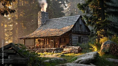 Secluded Log Cabin in the Forest at Sunrise