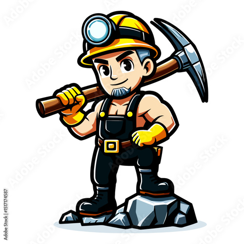 Mighty Miner Cartoon: A Strong Miner with Pickaxe
