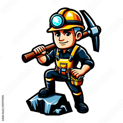 Powerful Miner Cartoon: Industry Worker with Pickaxe