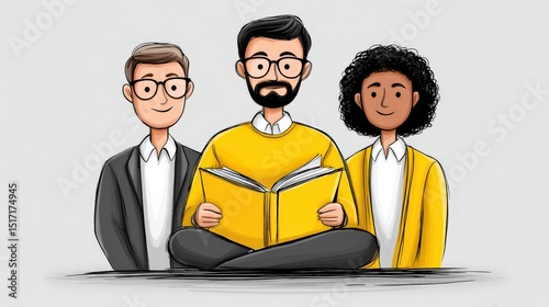 Group of diverse individuals engaging in active reading while seated comfortably, showcasing vibrant clothing and collaborative learning, embodying modern educational dynamics and inclusivity