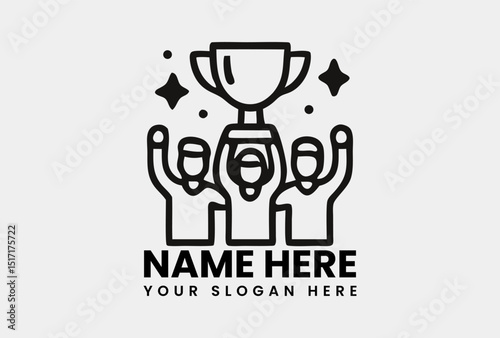 Illustrative line icon of three people celebrating a victory by holding a trophy aloft. Achievement concept