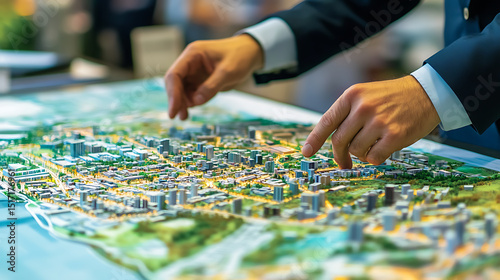 Businessmen discussing a detailed urban city model