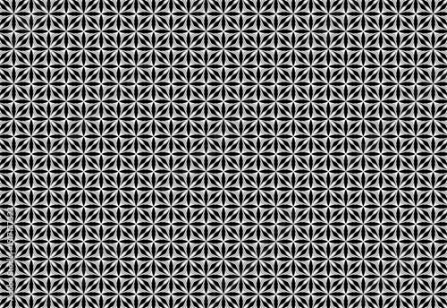 Geometric seamless pattern with 4 petal flowers & crossing wheat. Modern & minimalist white design on black background, ideal for textiles, decor, or stylish backgrounds. Graphic aesthetic.