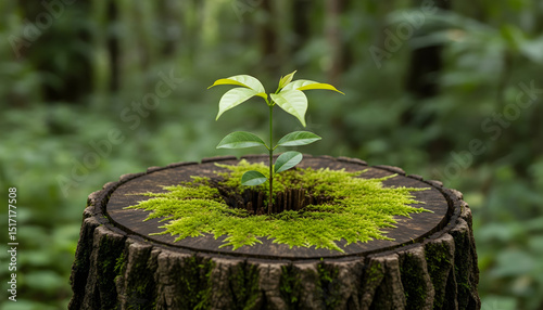 Fresh green seedling sprouting from mossy tree stump surrounded by lush forest symbolizing regeneration and hope