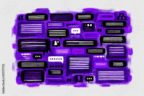 Colorful abstract illustration of dynamic speech bubbles on a vibrant purple backdrop ideal for conveying communication concepts and social interaction themes in a modern digital space